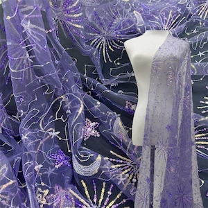 Tela de encaje con bordado de lentejuelas, diseño de estrella y luna morada, ilusión, tela de tul suave con diseño de estrella y luna, tela para vestidos de novia, tela para vestidos de novia, 1 yarda