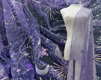 illusion purple star moon sequin embroidery lace fabric star moon soft tulle fabric wedding lace bridal dress fabric gowns fabric 1 yard