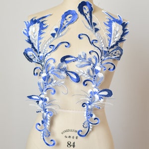 Blue Floral Embroidery Lace Applique Pair , Vintage Bridal Lace Motif Patch 46x23 cm