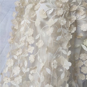 Exquiste 3D Flower Embroidery Lace Fabric in Champagne / Apricot, Vivid 3D Flowers On Soft Tulle lace For Wedding gown, Prom, By yard