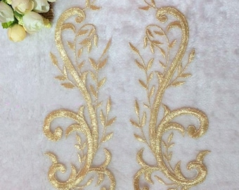 1 paar Retro Gold Venice Alencon Lace Applicaties Blad Bloemen Geborduurde Patch Voor Lyrische Dans, Kostuumontwerp, Bruid, Haaraccessoires