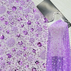Hot purple flower beaded sequin embroidery lace fabric floral violet pearl sequin tulle fabric wedding lace bridal dress fabric gowns fabric