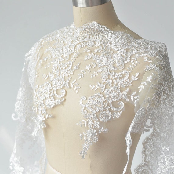 Sell By Yard White alencon lace trim, Luxury wedding lace trim, bridal veil lace trim, Rayon Material Lace Trim