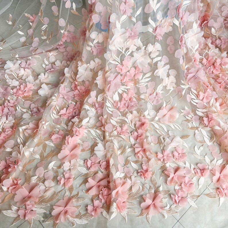 Pink 3D Flower Embroidery Lace Fabric Materials Mesh Trims DIY Wedding