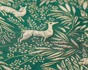 Deer Pattern Green Jacquard Fabric Floral Gold Thread Embossed Brocade Fabric for Costume Sewing Fabric by the Yard Couture Jacquard