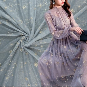 Star Moon Embroidery Mesh Lace Embroidery Gold Glitter Floral Soft Tulle Fabric for bridal wedding dress 51&quot; Width by 1 yard