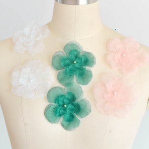 3 Colors Organza 3D Fabric Flowers Petals 5pcs - beaded 3D flower embellishment for bridal dresses and veils, flower appliqué, cut flowers