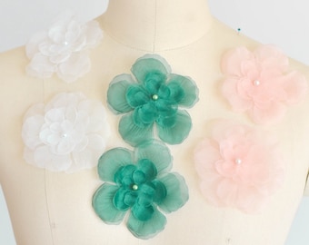 3 Colors Organza 3D Fabric Flowers Petals 5pcs - beaded 3D flower embellishment for bridal dresses and veils, flower appliqué, cut flowers