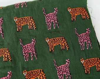 Green Tiger Embroidered Cotton Linen Fabric Thick Fabric For Bag,Home Decor,Costume Design