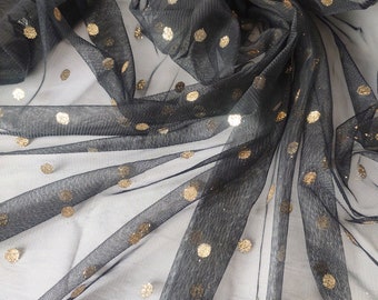 Black tulle lace fabric gold dot bronzing design soft tulle fabric wedding lace bridal lace dress fabric 59" width by yard