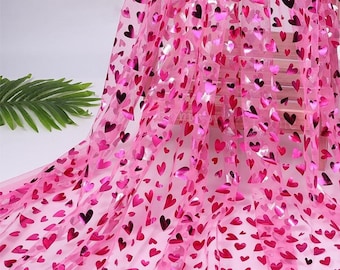 fuchsia liebe herz bedruckt spitzen stoff rose rosa herz weicher netz tüll stoff für valentinstag dekor, tischdecke, geschenk verpackung, mädchen kleid