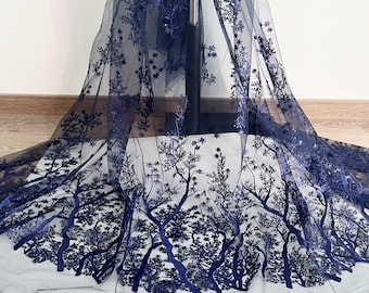 illusion navy blue snowflake sequin embroidery lace fabric snowflake tree tulle fabric wedding lace bridal dress fabric gowns fabric 1 yard