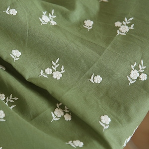 Green Floral Embroidered Linen Fabric Flower Linen Fabric for Wedding Dress, Table Runner, Skirt, Fashion Design