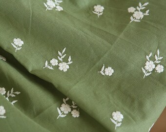 Green Floral Embroidered Linen Fabric Flower Linen Fabric for Wedding Dress, Table Runner, Skirt, Fashion Design