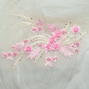 16 color pink beaded pearl 3D flower lace applique rhinestone flower embroidery lace applique for bridal accessories,garment,garters,wedding