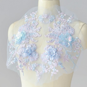 1 Pair 3 colors lace applique, heavy bead lace applique, 3D lace applique with rhinestones, 3d floral, 3d flower applique