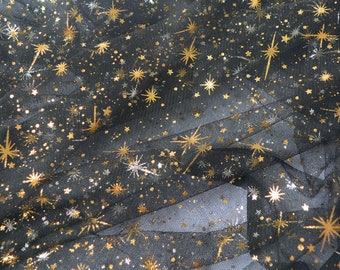 59" Wide Soft Tulle Fabric Gold Glitter Irregular Star Mesh Tulle Lace Fabric for Baby Dress, DIY Doll Dress, Tutu Dress, Veil, Bridal Dress