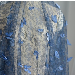 5 colors 3D royal blue butterfly flower exquisite embroidery soft tulle fabric wedding lace bridal dress fabric gowns fabric 1 yard