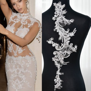 off white sequins embroidery lace applique , bridal wedding applique lace for wedding gown back, bridal veil bodice