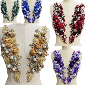 2022 New 3D Rose Lace Applique Rhinestone Pearl Beaded Flower Embroidered Mesh Lace Motif Patch For Bridal Headpiece