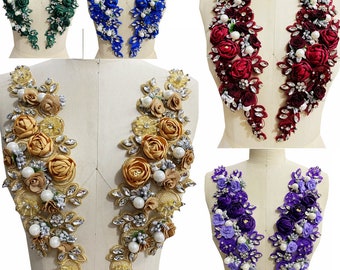 2022 New 3D Rose Lace Applique Rhinestone Pearl Beaded Flower Embroidered Mesh Lace Motif Patch For Bridal Headpiece