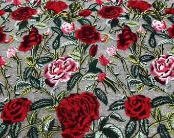 high quality red rose floral embroidered lace fabric flower green leaf soft tulle fabric wedding lace bridal dress fabric gowns fabric 1yard