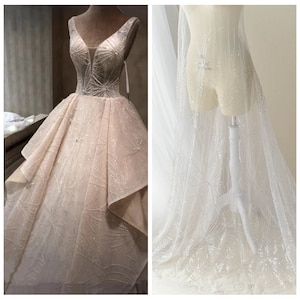 Firework Beaded Lace Fabric Transparent Mesh with Sparkling Sequin DIY Wedding Bridal Gowns Fabric 1 Yard