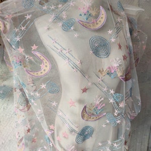 moon star planet embroidery lace fabric flower white soft tulle fabric for wedding dress gowns bridal veil party dress 51&quot; wide