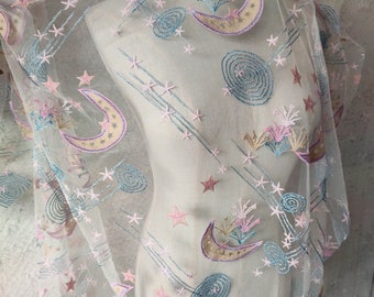 moon star planet embroidery lace fabric flower white soft tulle fabric for wedding dress gowns bridal veil party dress 51" wide