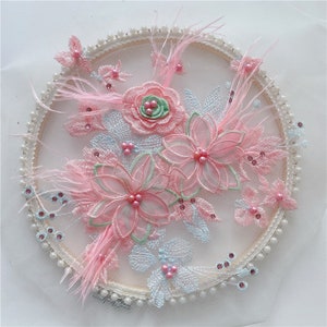 6 color pink beaded pearl 3D flower lace applique feather floral embroidery lace applique for bridal accessories,garment,garters,wedding
