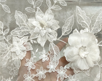 off white 3d flower leaf embroidered lace fabric floral applique tulle fabric for banquet dress bridal veil wedding dress curtain 33cm*135cm