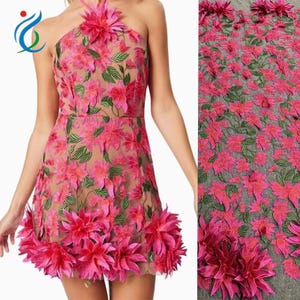 Fuchsia 3d flower leaf embroidered lace fabric floral applique apricot tulle fabric for banquet dress bridal veil wedding dress curtain