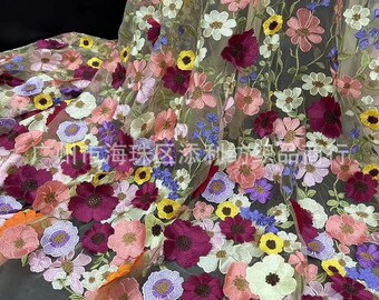 3D Flower Lace Fabric,Embroidery Colorful Tulle Lace,Colorful Tulle Lace with 3D Flowers,Girl Dress,Flower Dress,Wedding Dress,Ball Gown