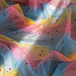 sequin star moon dot gradient lace fabric star moon rainbow soft tulle fabric wedding lace bridal dress fabric gowns fabric 1 yard 59&quot; wide