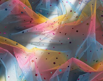 sequin star moon dot gradient lace fabric star moon rainbow soft tulle fabric wedding lace bridal dress fabric gowns fabric 1 yard 59" wide