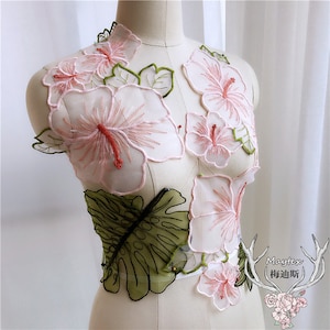 pink flower green leaf embroidery organza lace applique floral organza applique for girl dress,wedding dress, home decor, sewing craft