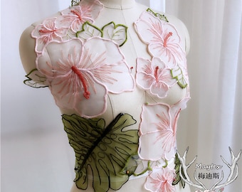 pink flower green leaf embroidery organza lace applique floral organza applique for girl dress,wedding dress, home decor, sewing craft