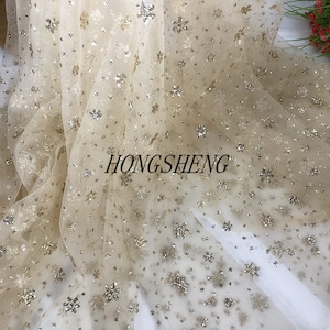 Glitter sequin snowflake lace fabric snowflake floral dot champagne white tulle fabric for girl dress,summer dress,doll dress,backdrop