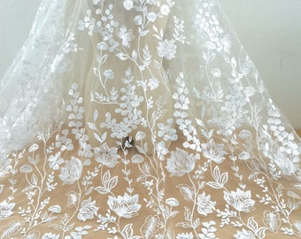 gorgeous white floral embroidery lace fabric sequin flower leaf soft tulle fabric for girl dress,summer dress,wedding dress,backdrop decor