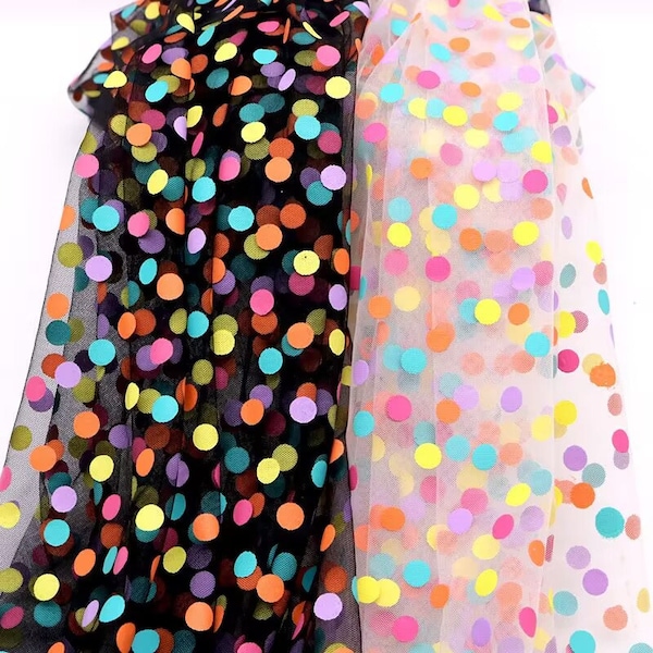Colorful Print Polka Dot Lace Fabric Rainbow Dot Floral Black White Tulle Fabric for Bridal Dress, Skirts, Gowns or Prom Dress
