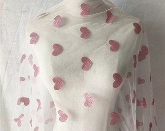 pale pink heart print mesh tulle lace fabric soft lovely heart gauze fabric 59" width by the yard