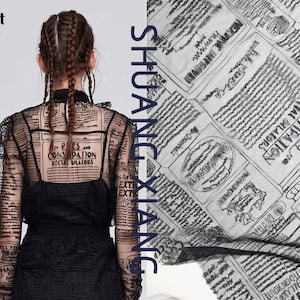 Tela de encaje de periódico con letras en inglés, bordado de periódico, tela de tul suave negra para vestido de niña, vestido de verano, vestido de muñeca, decoración de fondo