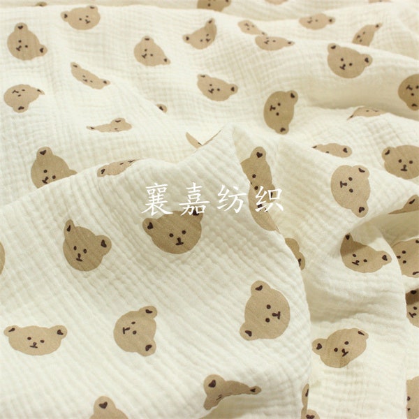 1 metro di orsetto carino su tessuto di cotone beige a doppia garza, tessuto per vestiti con bavaglino per coperta per bambini tagliato su misura