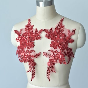 wine red floral embroidery lace applique bridal wedding sequins lace motif 1 Pair