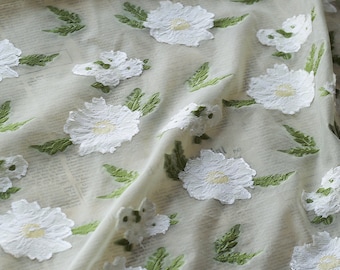 Tela de organza con bordado floral 3D en verde y blanco, tela de organza jacquard con flores para vestido de niña, vestido de muñeca, decoración de fondo, vestido de novia
