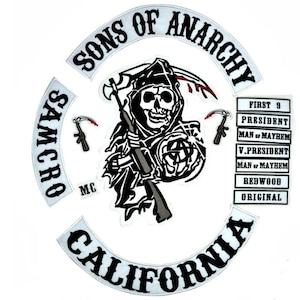 May include: A set of embroidered patches featuring a central grim reaper holding a scythe and rifle, surrounded by text reading SONS OF ANARCHY, SAMCRO, MC, and CALIFORNIA, with additional rectangular patches labelled FIRST 9, PRESIDENT, and REDWOOD.