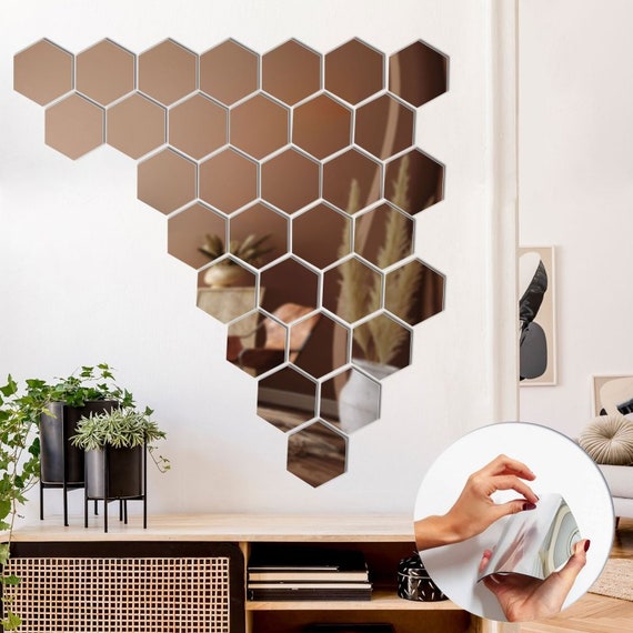 Decoración de pared de espejo con forma hexagonal, 32 piezas Calcomanía de  pared con efecto espejo, pegatina de pared plateada 16 x 18,5 cm  6,29''x7,28'' por uds -  España