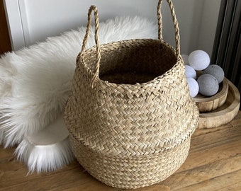 x10 BULK Plain Belly Baskets Natural Vietnamese Eco Seagrass Wicker Basket W/ handles Modern Home Decor Living Room Bedroom Storage Handmade