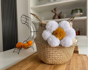 Yellow daisy POMPOM Belly Baskets Natural Vietnamese Eco Seagrass Wicker Basket handle Home Decor Living Room Bedroom Storage Handmade