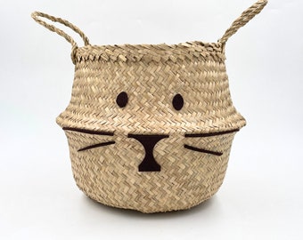 Cat Face Belly Baskets Natural Vietnamese Eco Seagrass Wicker Basket With handles Modern Home Decor Living Room Bedroom Storage Handmade